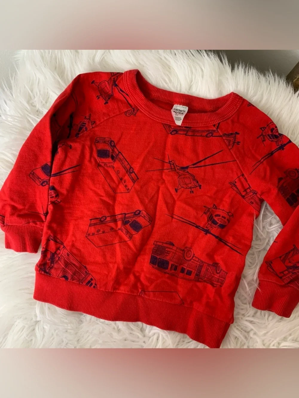 Carters Red Kids Sweatshirt with Vehicle Print Size 3T